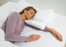Load image into Gallery viewer, Better Sleep Pillow Goose Down Pillow - Patented Arm-Tunnel Design Improves Hand And Arm Circulation - Neck Pain Relief - Perfect Side And Stomach Sleeper Pillow - Bed Pillow, White