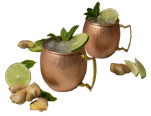 Load image into Gallery viewer, Moscow Mule Mugs: 100% Pure Copper, No-Nickel Lining, Hammered Finish - Solid Copper Mugs Keep Drinks Frosty Cold - Shot Glass, Stir Straws , Coasters , Printed InfoBook &amp; Free Download Recipe Ebook - Set of 2