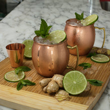 Load image into Gallery viewer, Moscow Mule Mugs: 100% Pure Copper, No-Nickel Lining, Smooth Finish - Solid Copper Mugs Keep Drinks Frosty Cold - Shot Glass, Stir Straws , Coasters , Printed InfoBook &amp; Free Download Recipe Ebook - Set of 4