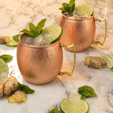 Load image into Gallery viewer, Moscow Mule Mugs: 100% Pure Copper, No-Nickel Lining, Hammered Finish - Solid Copper Mugs Keep Drinks Frosty Cold - Shot Glass, Stir Straws , Coasters , Printed InfoBook &amp; Free Download Recipe Ebook - Set of 2