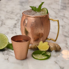 Load image into Gallery viewer, Moscow Mule Mugs: 100% Pure Copper, No-Nickel Lining, Smooth Finish - Solid Copper Mugs Keep Drinks Frosty Cold - Shot Glass, Stir Straws , Coasters , Printed Info Book &amp; Free Download Recipe Ebook - Set of 2