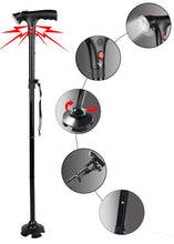 Load image into Gallery viewer, Deluxe Comfort Multi Function Cane and Walking Stick with Led Flashlight - Lightweight Collapsible Aluminum - Flashing Red Alert Lights &amp; Emergency Siren - Safety Aid - Cane, Black