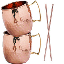 Load image into Gallery viewer, Moscow Mule Mugs: 100% Pure Copper, No-Nickel Lining, Hammered Finish - Solid Copper Mugs Keep Drinks Frosty Cold - Shot Glass, Stir Straws , Coasters , Printed InfoBook &amp; Free Download Recipe Ebook - Set of 2