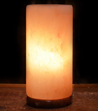 Load image into Gallery viewer, Himalayan Rock Salt Cylinder Lamp, 7 Inches Tall - Soft Calm Therapeutic Light - Smoothly Carved Handcrafted Cylindrical Design - Finished Wood Base - Tibetan Evaporated Rock Lamps - , Dark Orange Hue
