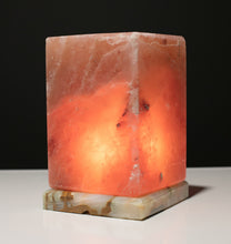 Load image into Gallery viewer, Himalayan Rock Salt Cube Lamp, 7 Inches Tall - Soft Calm Therapeutic Light - Uniquely Handcrafted Crystal Cube Design On Onyx Marble Base - Tibetan Evaporated Rock Lamps - Table Lamp, Dark Orange Hue