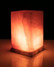 Load image into Gallery viewer, Himalayan Rock Salt Cube Lamp, 9 Inches Tall - Soft Calm Therapeutic Light - Uniquely Handcrafted Crystal Cube Design On Onyx Marble Base - Tibetan Evaporated Rock Lamps - Table Lamp, Dark Orange Hue